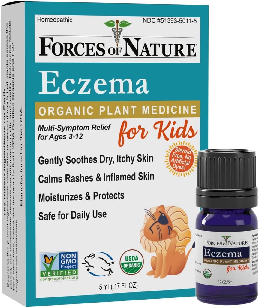 Forces de la nature Eczéma Contrôle pour les enfants, Soulagement de la peau sensible, sèche et démangeante, Soins de la peau sans stéroïdes pour les flammes, Traitement de l'eczéma pour les enfants, Médecine homéopathique biologique, A action rapide, 0,17 FL OZ
