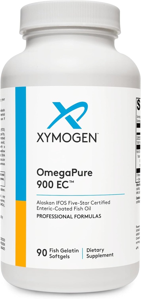 XYMOGEN OmegaPure 900 EC - IFOS de l'Alaska Huile de poisson certifiée Omega 3 à cinq étoiles - Supplément d'huile de poisson DHA de l'EPA - soutient la santé cardiovasculaire et cérébrale (90 softgels entériques)