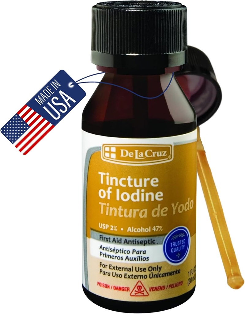 De La Cruz 2% Iodine Premiers soins antiseptiques, fabriqués aux États-Unis 1 FL OZ (1 bouteille)