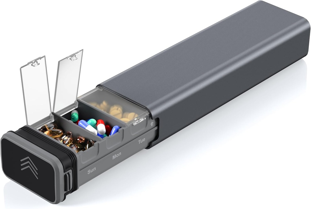 7 jours par semaine organisateur de pilules métalliques, boîte quotidienne de pilules en aluminium Kursoaya Premium, étui à pilule portable mignon, support de pilules de grande capacité pour suppléments, pilules, vitamines, médecine (Gris d'acier)