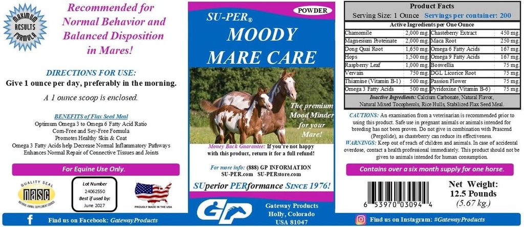 SUPER Moody Mare Care Powder - Supplément Cheval Hippique Herbal avec Racine de Chasteberry et Maca - 12,5 lbs