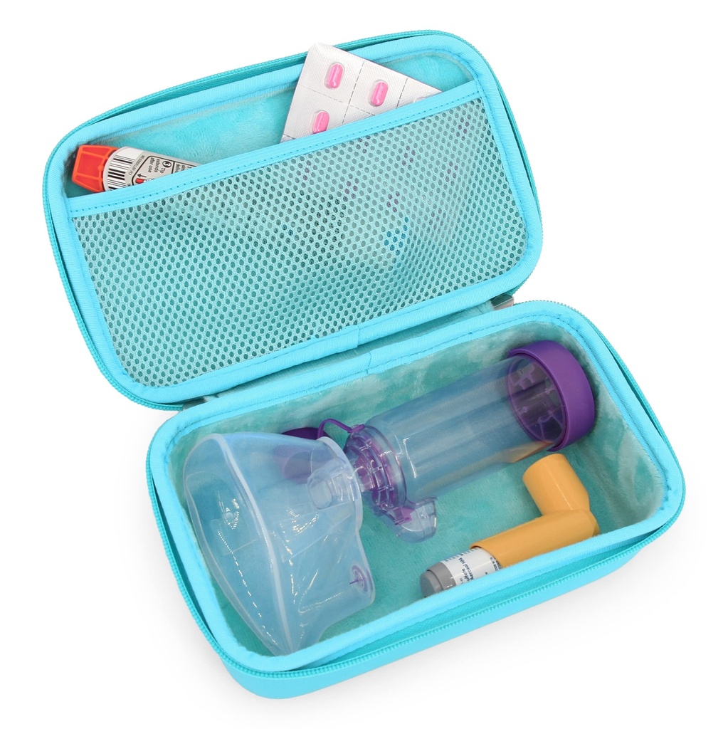 CASEMATIX Cas d'inhalateur d'asthme pour les voyages convient à l'espaceur d'inhalateur d'asthme avec masque attaché, porte-inhalateur et accessoires supplémentaires utilisés avec l'espaceur pour l'inhalateur, comprend cas d'asthme turquoise seulement