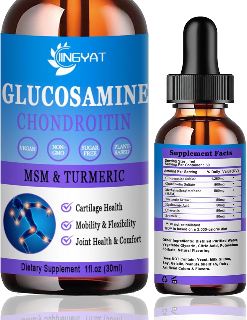 Glucosamine Chondroïtine Liquid Drops 2000mg, Glucosamine Liposomique Chondroïtine MSM, Chondroïtine et Glucosamine Suppléments nutritionnels avec extrait thurmérique, acide hyaluronique, quercétine et bromelain