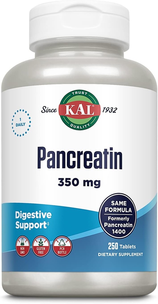 KAL Pancreatin 350mg, Enzymes digestifs pour les femmes et les hommes, Enzymes pancréatiques pour le soutien de la santé digestive, sans gluten, non OGM, désintégration rapide, garantie de 60 jours, 250 portions, 250 comprimés