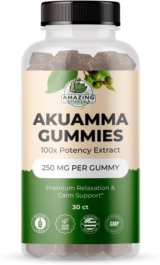 Botaniques étonnants Akuamma Gommies - Gommy de bien-être quotidien haute puissance, végétalien, non OGM, supplément à base de plantes sans gluten - 250MG Par Gummy avec saveur naturelle de baies sauvages (30 comte)