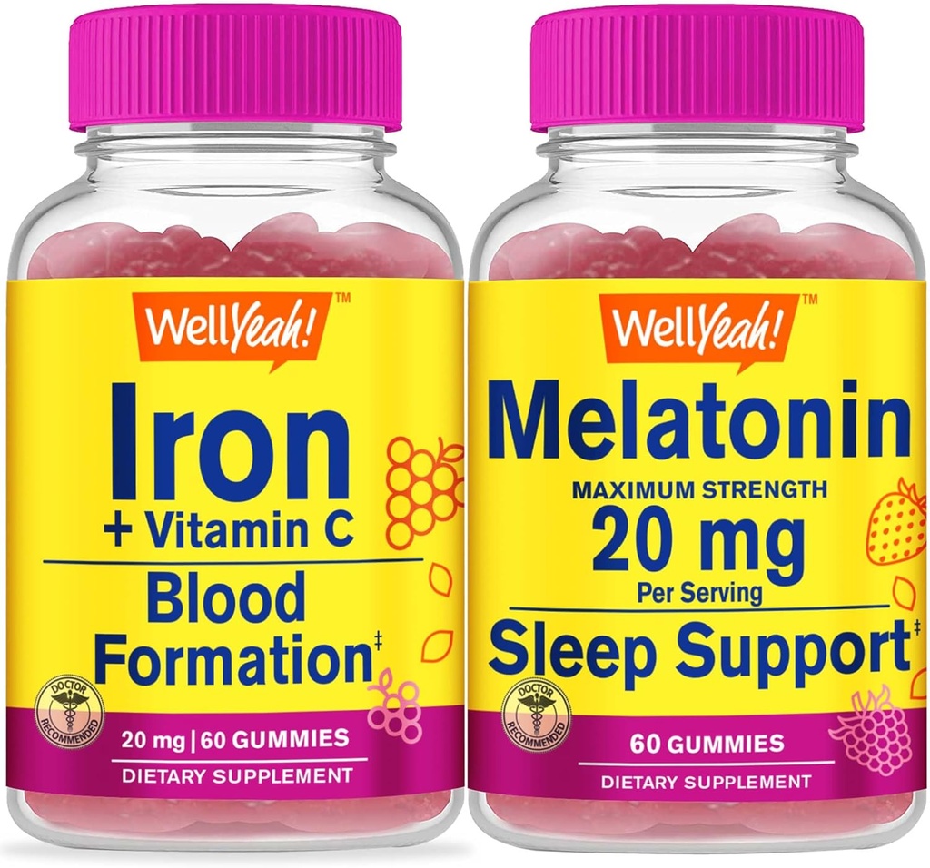 Eh bien oui Iron+Vitamine C + Mélatonine 20mg, Gummies Bundle - Grande dégustation, supplément de vitamine, sans gluten, sans OGM, gummy à croquer