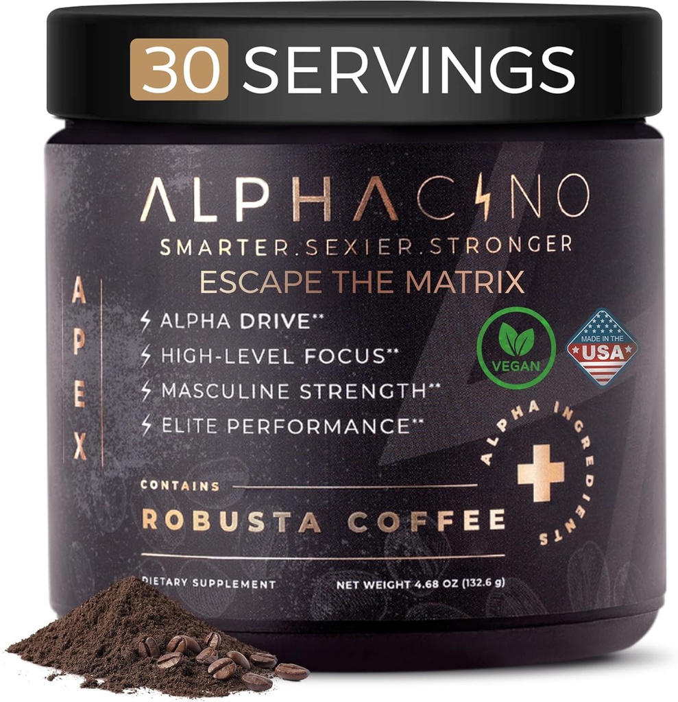 Alphacino Apex Café de Champignon Instantané - Black Maca Ashwagandha + Poudre de boisson énergétique pour les hommes, Idéal pour la croissance musculaire, Sharp Focus & Stamina, Mélange de poudre d'énergie pour hommes, S7-30SV (4.68 oz)