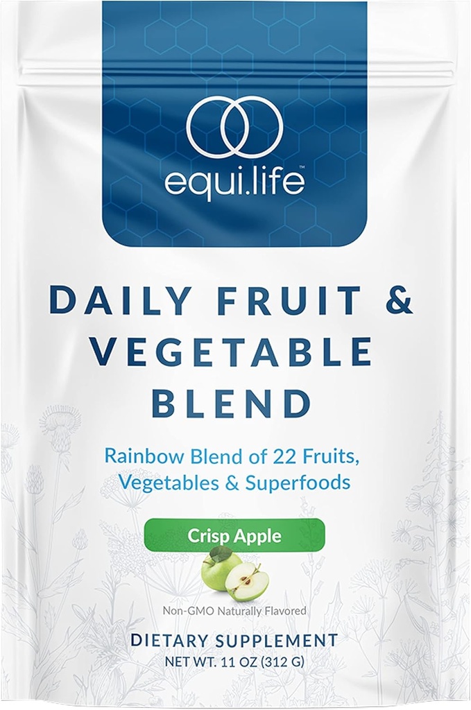 Equilife mélange quotidien de fruits et légumes, supplément antioxydant super-alimentaire, goût de pomme de Crisp avec vitamine C, fibre et 9 acides aminés essentiels, soutient l'énergie, faible sucre, végétalien, 30 portions