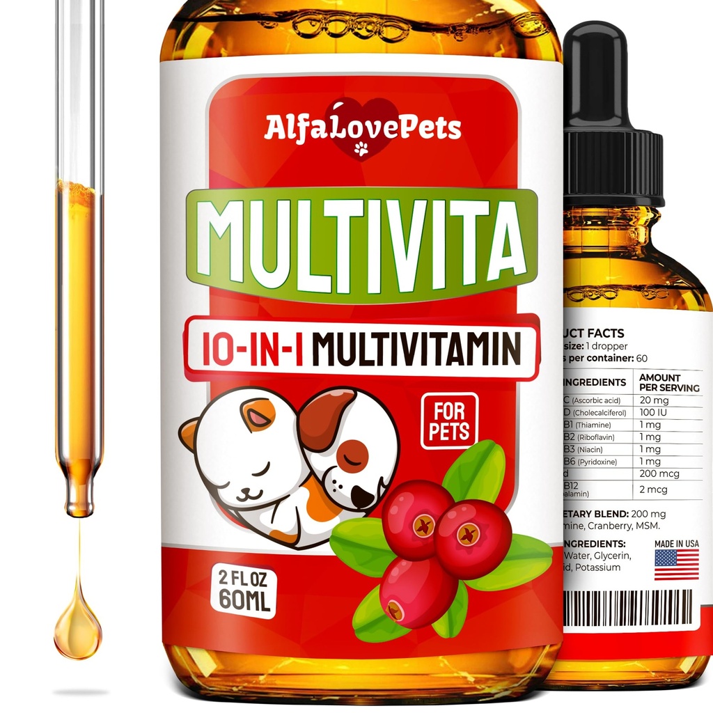 Multivitamines liquides pour chiens – Multivitamines pour chats à l'intérieur – 10-en-1 Vitamines liquides pour chiens B Complexe, C, D3 – Digestion, miction, hanche et articulation, peau et manteau – Arôme de canneberge – 2 Oz