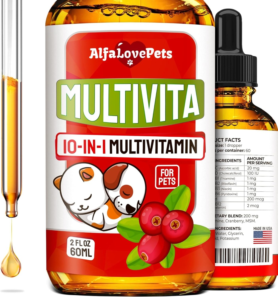 Multivitamines liquides pour chiens – Multivitamines pour chats à l'intérieur – 10-en-1 Vitamines liquides pour chiens B Complexe, C, D3 – Digestion, miction, hanche et articulation, peau et manteau – Arôme de canneberge – 2 Oz
