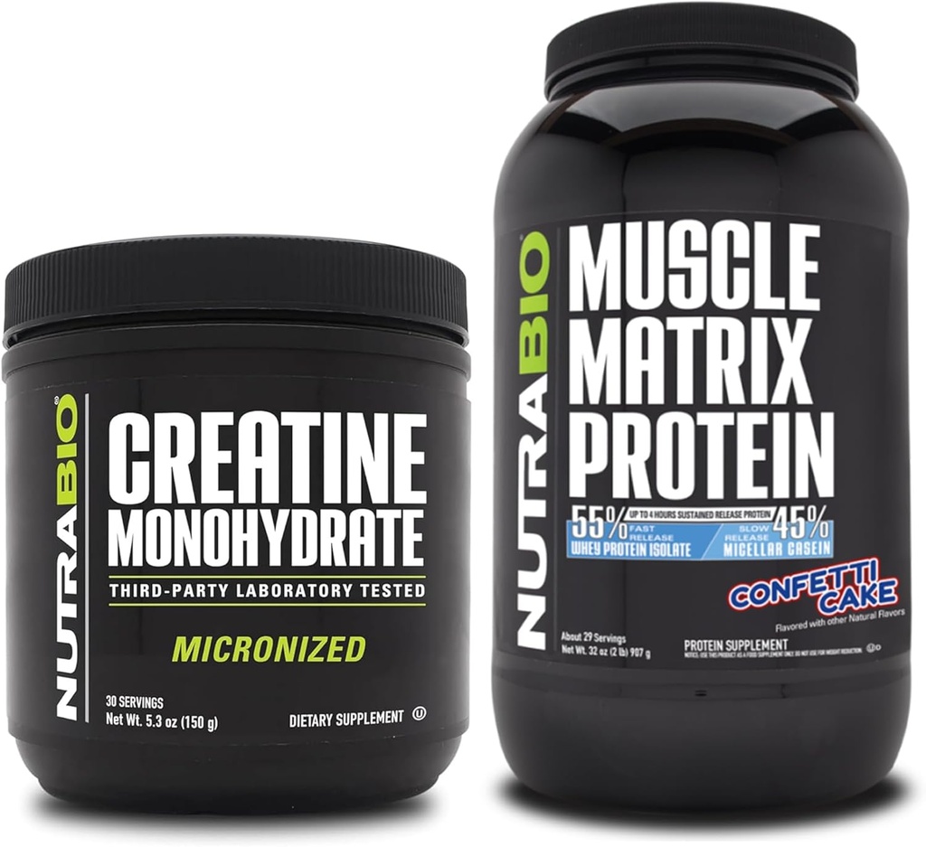 NutraBio Creatine Monohydrate, non aromatisé, (150 g) et en poudre de protéines de matrice musculaire, (Cake de confettis) Supplement Bundle – Énergie musculaire, croissance maximale, récupération et force