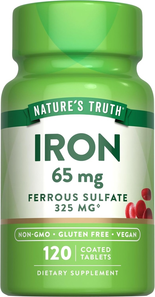 Nature's Truth Iron Supplement | 65mg | 120 Tablets | 325mg Ferrous Sulfate | Non-GMO & Gluten Free Pills