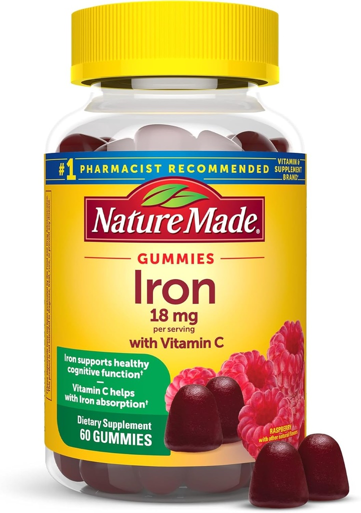 Nature faite de fer 18 mg par portion avec de la vitamine C, supplément alimentaire pour le soutien des cellules du sang rouge, 60 Gummies, 30 jours d'approvisionnement