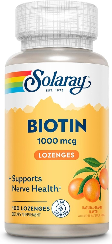 SOLARAY Biotin 1000mcg Lozenges - Supplément Biotin avec vitamine A - Fonction nerveuse et support énergétique cellulaire - Saveur naturelle de jus d'orange, grand goût, garantie de 60 jours, 100 portions, 100 Lozenges