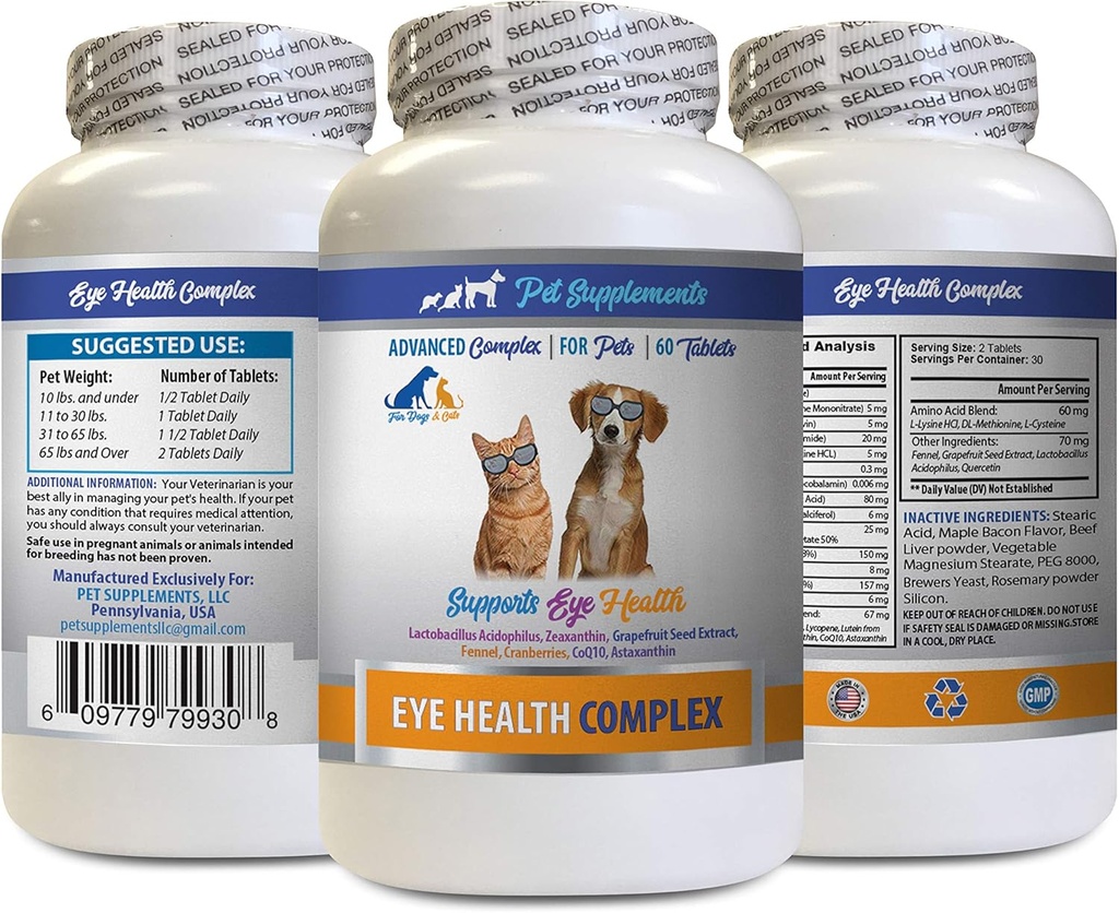 Vitamines des yeux de chien - Complexe de santé des yeux en PET - Chiens et chats - Soutiens Vision des yeux - astaxanthine pour chiens, Supplément Vision des yeux pour chiens et chats, Vitamines de santé des yeux Lutéine et zéaxanthine 1Bot 60Tabs