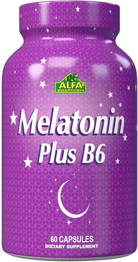 ALFA VITAMINS Melatonine Plus B-6 supplément avec régulateur de cycle de sommeil 5MG - Santé cardiovasculaire - Système immunitaire - 60 capsules