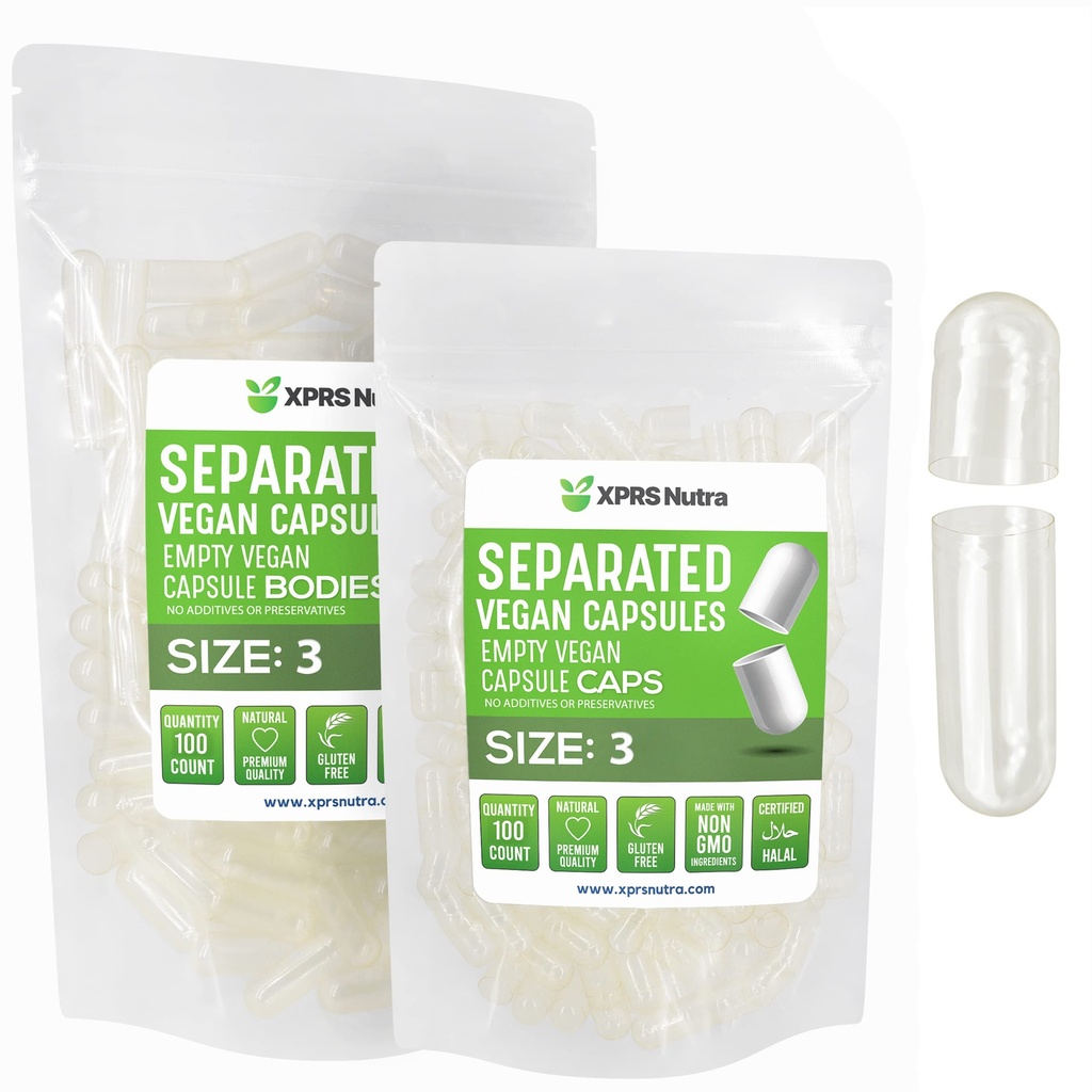 XPRS Nutra Vegan Taille 3 Capsules séparées- 100 Culots vides Premium Count Séparés dans les sacs - Capsules vides claires - Pills pour le remplissage supplémentaire de bricolage
