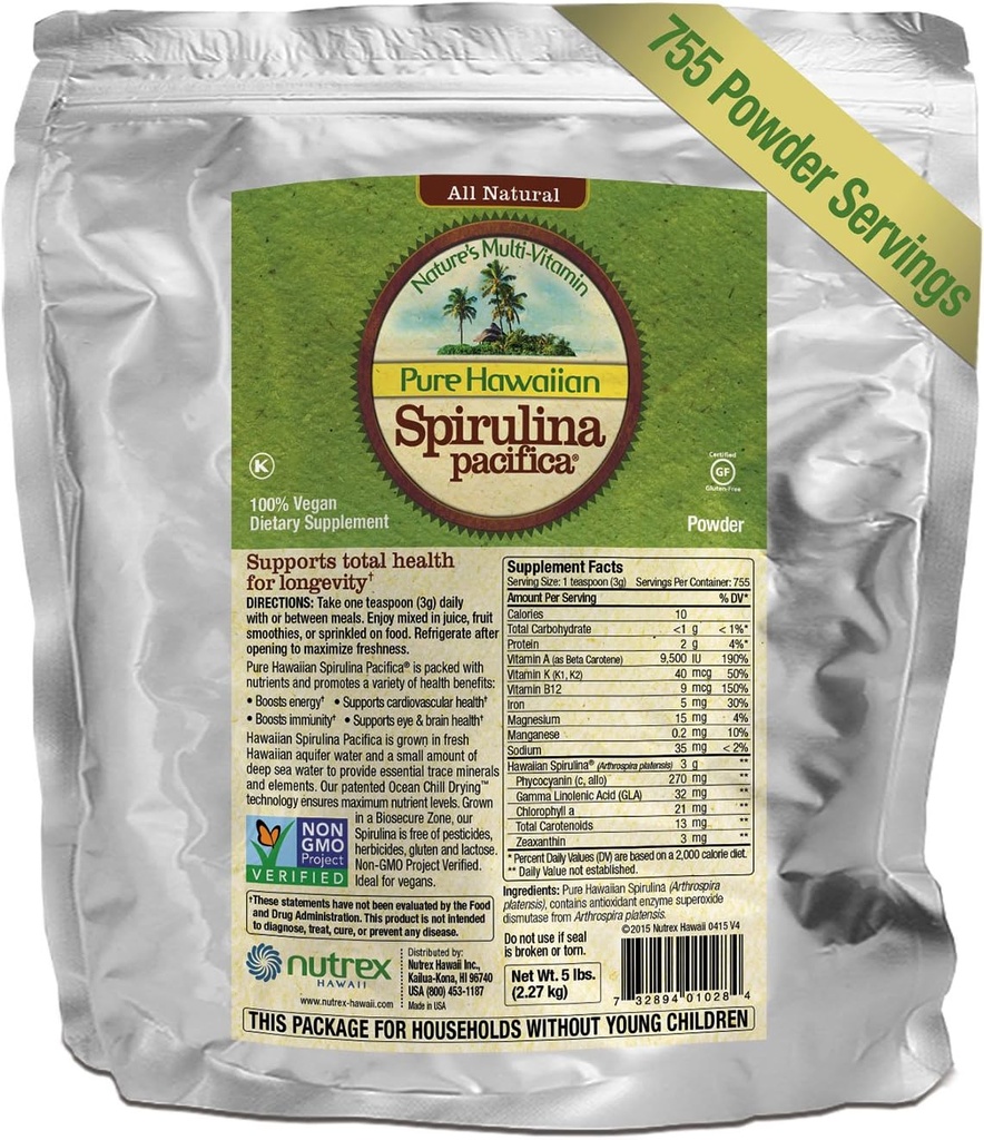 Pure Hawaïen Spiruline Powder 5 lb sac en vrac – Boosts Energy and Supports Immunity – Vegan, Non OGM – Natural Superfood Grown à Hawaï