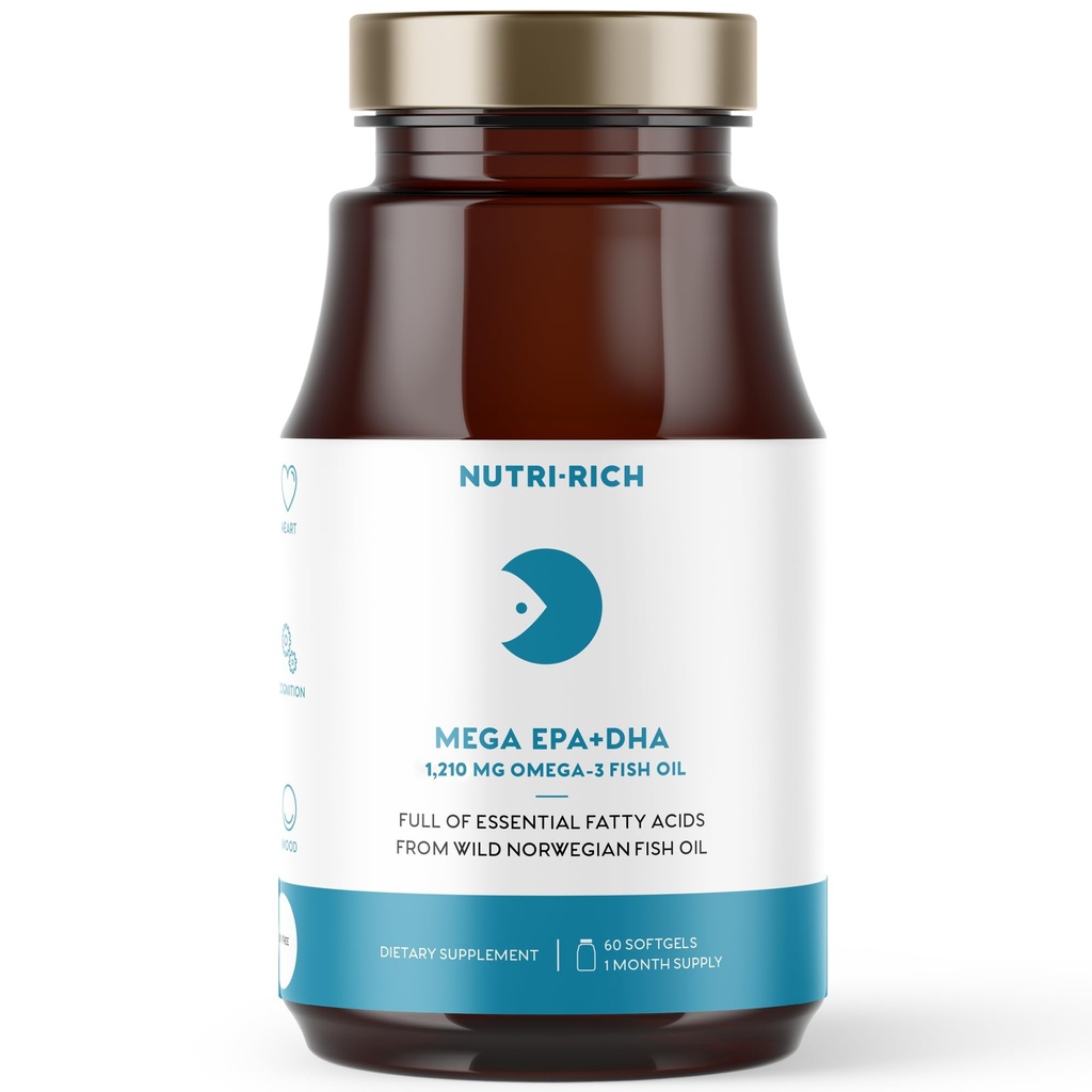 Nutri-Rich Omega-3 Huile de poisson 1210mg – EPA & DHA pour la santé du coeur, du cerveau et des articulations – sans Burp, sans saveur de citron, sans gluten et sans soja, avec test de tiers (60 softgels)