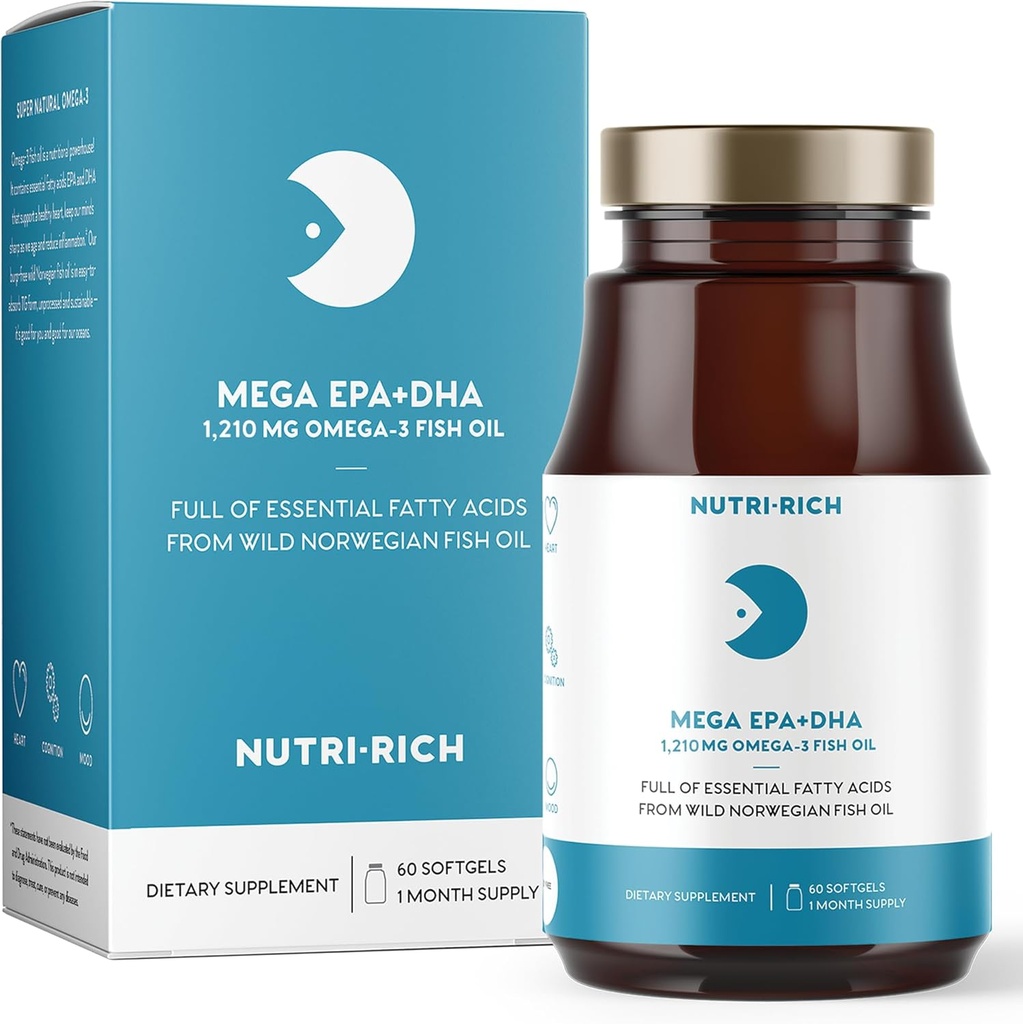 Nutri-Rich Omega-3 Huile de poisson 1210mg – EPA & DHA pour la santé du coeur, du cerveau et des articulations – sans Burp, sans saveur de citron, sans gluten et sans soja, avec test de tiers (60 softgels)