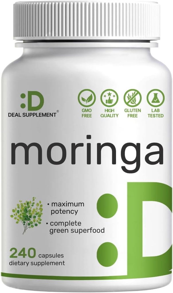 Moringa Capsules 9 000mg Équivalent à base de plantes, 240 Capsules – 4 mois d'approvisionnement – Potence maximale Extrait de feuille de Moringa pure – Supplément vert complet pour l'énergie, la peau et l'immunothérapie
