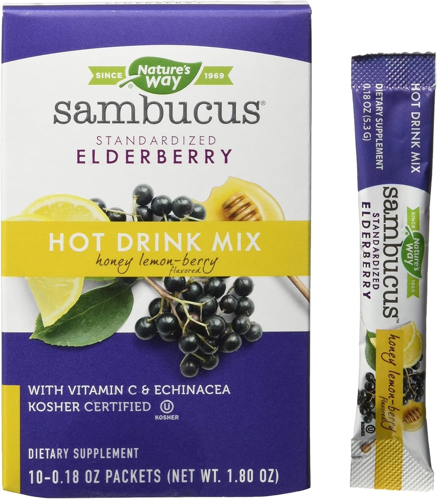 Nature's Way Nature's Way Sambucus Mélange de boisson chaude apaisante aux ailerons, avec vitamine C et échinacée, 10 comtes, miel Lemon-Berry, 10 comtes (paquet de 12)