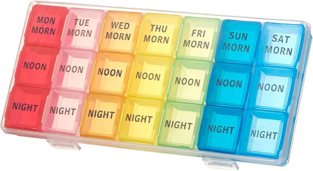 kiniza Small Weekly Pill Organizer, 3 fois par jour boîte de voyage avec des compartiments de support ouvert Humidité-Proof cas portable amical pour suppléments, vitamine, médicaments