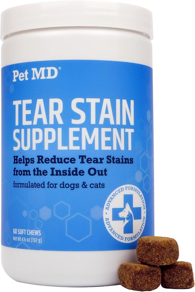 Animal MD Tear Stain Remover pour chiens et chats - Supplément soin des yeux antioxydant avec lutéine, canneberge et oméga 3 et 6 - Cat & Dog Tear Stain Remover Chews pour fourrure blanche et légère - 60 ct