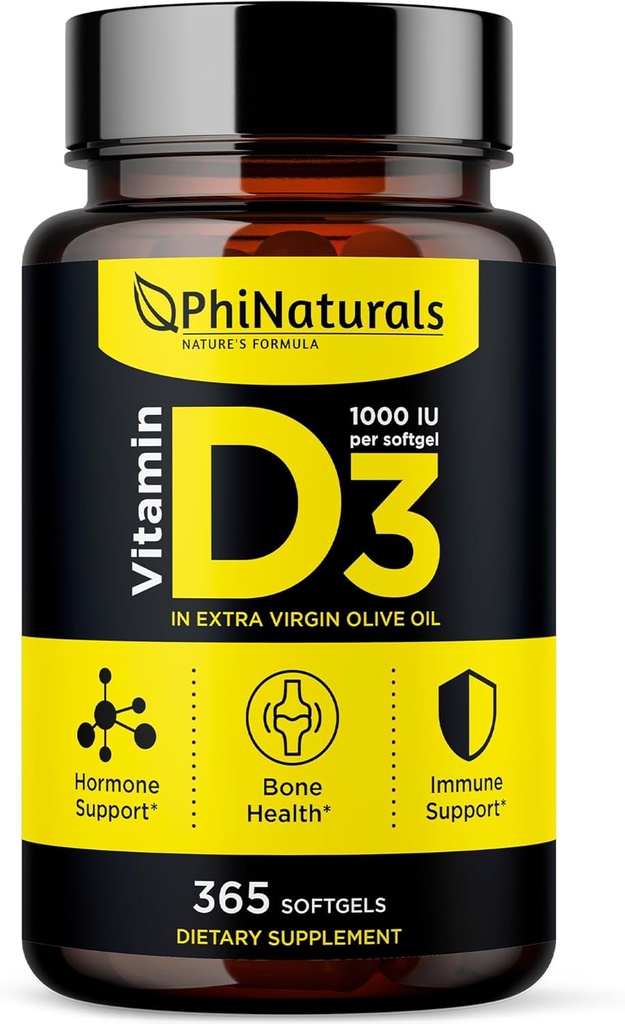 PhiNaturals Vitamine D3 1000iu Softgels Supplément Huile d'olive Base 365 Gel Caps Un an d'approvisionnement de VIT D, Vitamine D 3 1000 uu