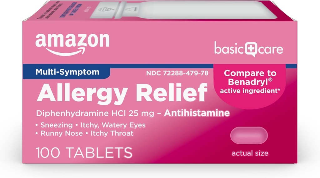 Amazon Basic Care Allergy Relief Diphenhydramine HCl 25 mg, Comprimés antihistaminiques pour symptômes dus à la fièvre du foin et aux allergies respiratoires supérieures, 100 Nombre