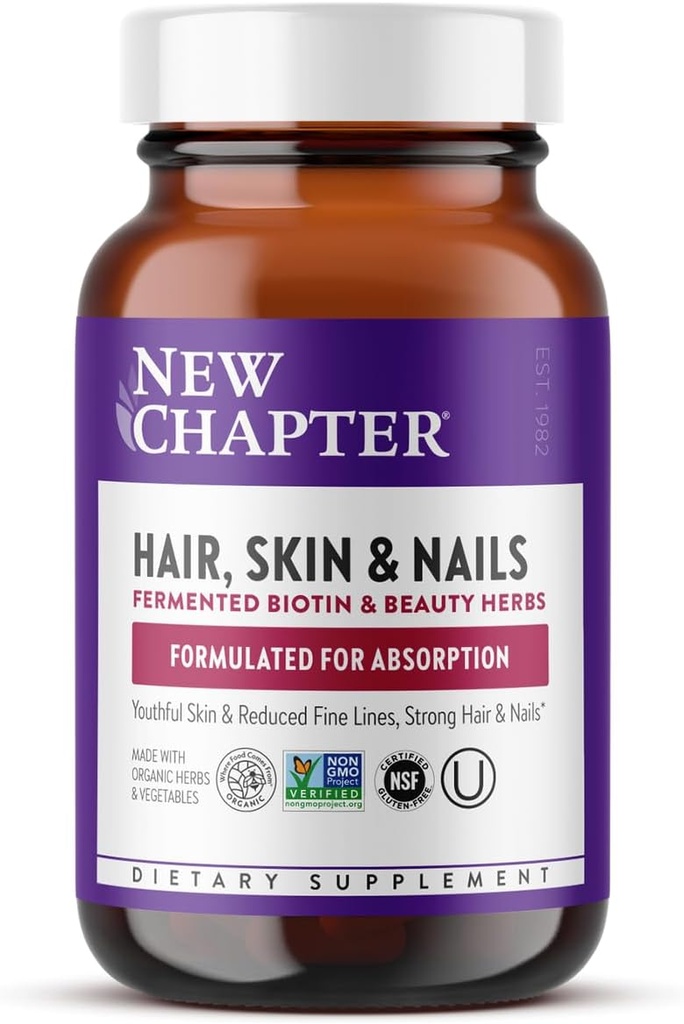 Nouveau chapitre Peau de cheveux et ongles Vitamines avec Biotin+astaxanthine fermenté Capsule végétarienne, 30 Compte (paquet de 1)