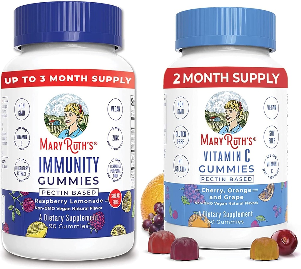MaryRuth Organics Gummies pour le soutien immunitaire (sans sucre) et Vitamine végétale C Gummies Bundle.
