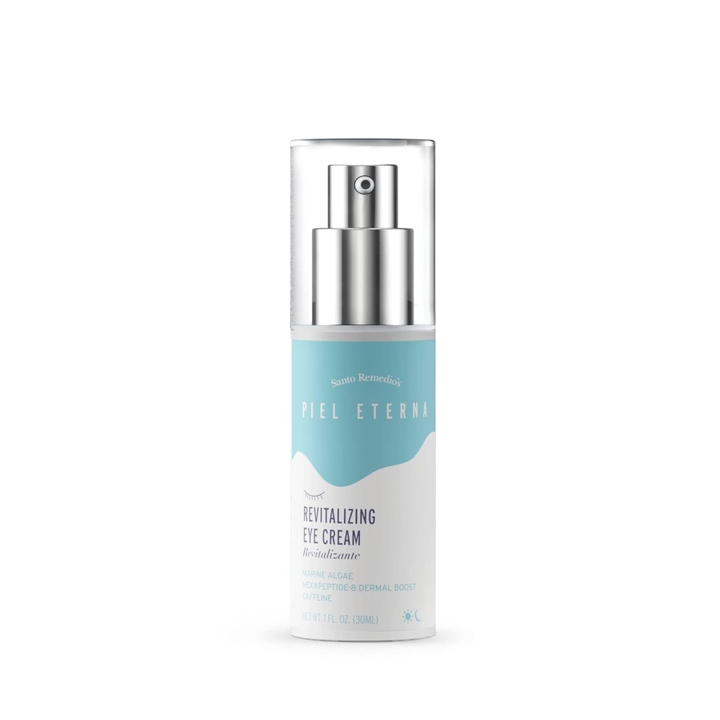 Santo Remedio, Piel Eterna, Crème pour les yeux revitalisants, Crème pour les yeux illuminants, Aide à réduire les cercles sombres, Contient Marina Algae, Caféine, Aloe, Acide Hyaluronique, Vitamine E, Pour tous les types de peau, 1 Fl. Oz.