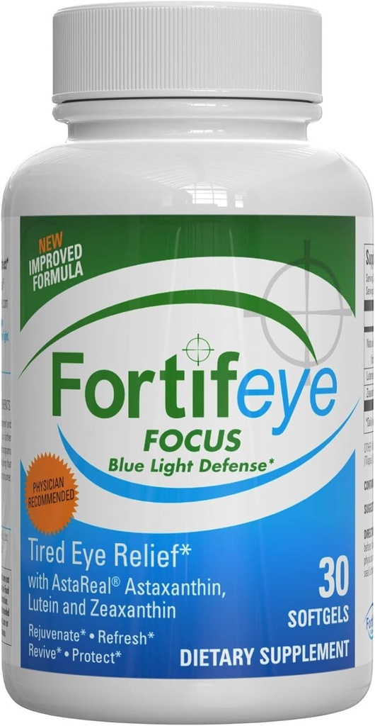 Supplément de soins pour les yeux Fortifeye Focus 30 capsules de Softgel - triple caroténoïde incluant astaxanthin, lutéine et Zeaxanthin suppléments, vitamines oculaires, soutient les yeux Fatigue et protection de la lumière bleue