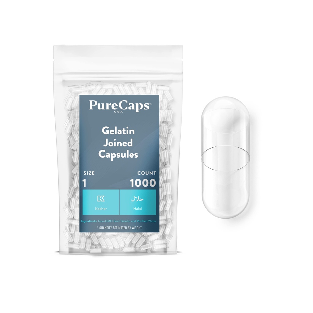 PureCaps USA - Empty Gelatin Capsules Size 1| 1,000 Joined Pills| Clear| Non-GMO Certified| SLS, Gluten, Preservative Free