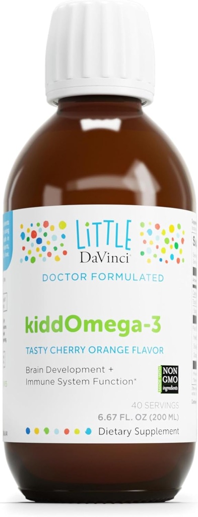 DAVINCI Labs kiddOmega-3 - Supplément Omega-3 liquide pour les enfants - pour le système immunitaire, le focus et le soutien du cerveau* - avec le fruit du moine, le DHA, l'EPA et bien d'autres - Saveur orange cerise - 200mL