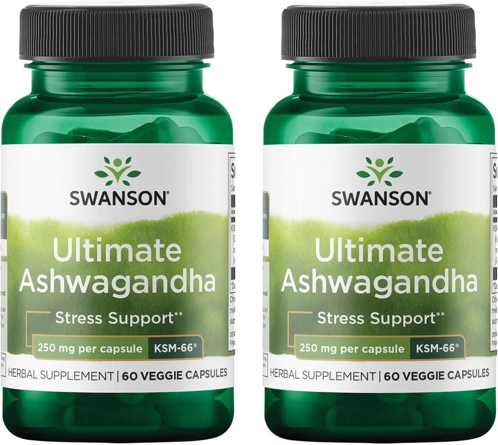 Swanson Ultimate Ashwagandha KSM-66 - Supplément à base de plantes pour soutenir des niveaux de stress et de relaxation sains - Formule naturelle pour promouvoir un mental calme et détendu - (60 Capsules de Veggie, 250mg chacune) (2 Pack)