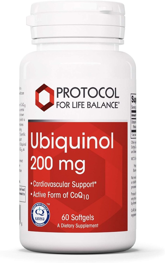 PROTOCOLE POUR LA BALANCE VIE Ubiquinol 200mg - Biodisponible CoQ10 Softgels - Heart Health Support - Oxidative Stress Quencher - Sans soja et sans lait - 60 Softgels