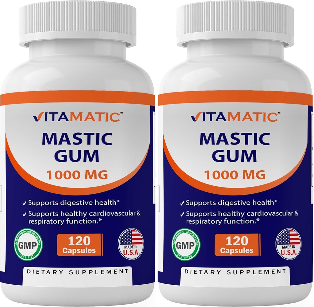 Vitamatic 2 Pack Mastic Gum 1000mg par portion - Soutien Fonction digestif, Santé gastro-intestinale, Immune et Bien-être oral, Total 240 Capsules