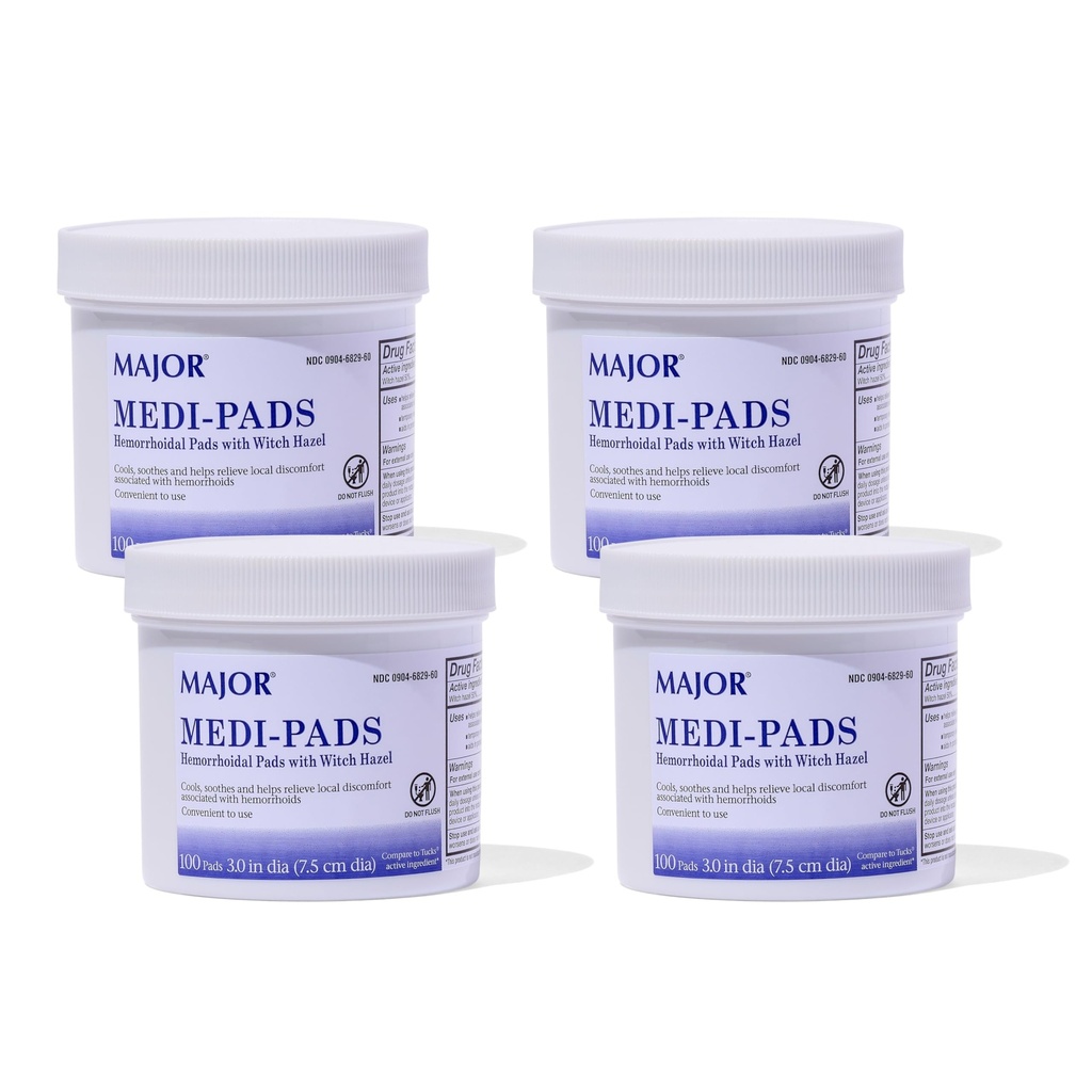 MAJOR Medi-Pads - Hémorroïdal Hygienic Cleaning Hazel Pads - Refroidissement avec Aloe - 100 Count Jar (4 Pack)