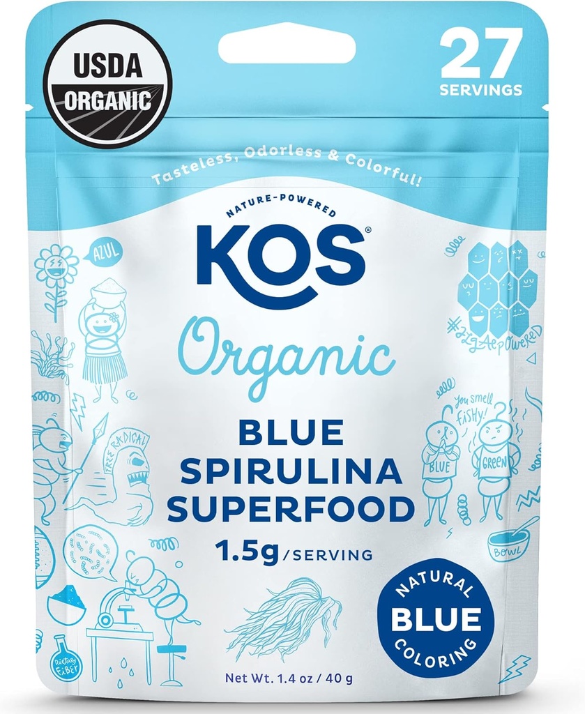 KOS USDA Poudre de Spiruline Bleue Biologique, Phycocyanine - Vegan Algae Superfood - Coloration des aliments naturels pour smoothies et boissons protéiques, à base végétale, non OGM - 27 portions
