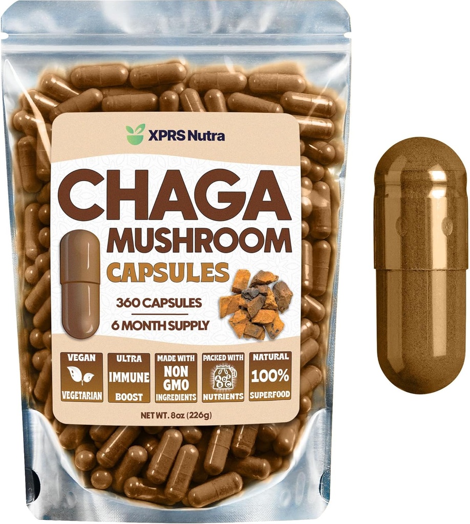 XPRS Nutra Chaga Mushroom Capsules - Premium USDA Chaga Mushrooms Capsules- Poudre de champignons encapsulés de Chaga pour un rappel d'immunité - Vegan Friendly Superfood pour le thé et les boissons de Chaga - 360 Compte