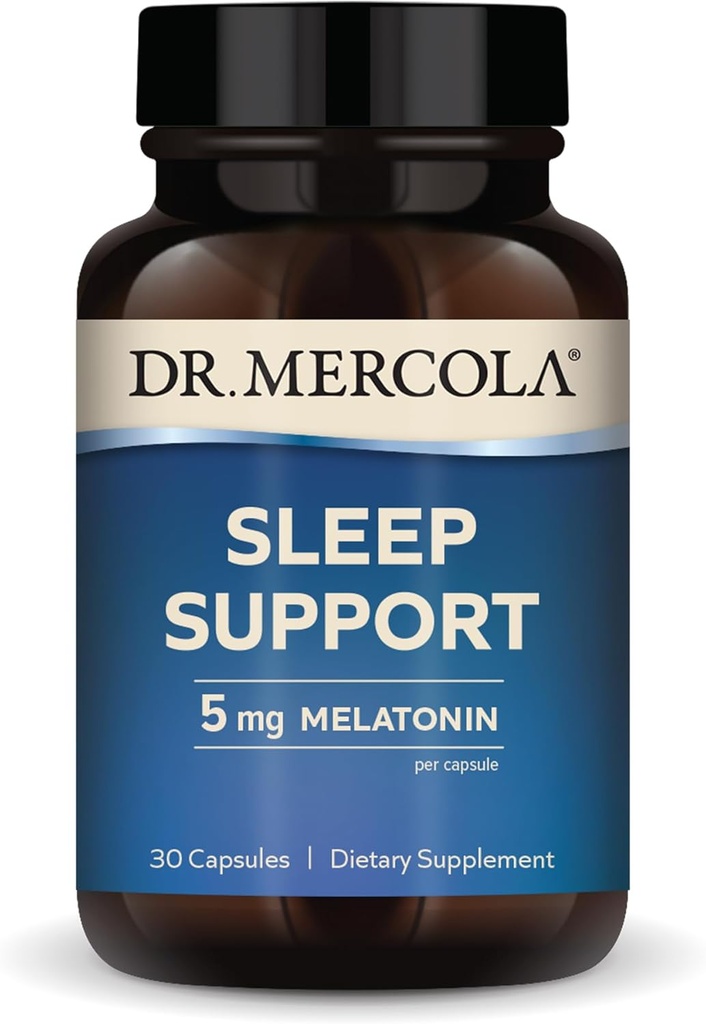Dr Mercola Soutien du sommeil avec la mélatonine, 5 mg de mélatonine par portion, 30 portions (30 gélules), supplément alimentaire, soutient le sommeil sain et la concentration mentale, non-OGM