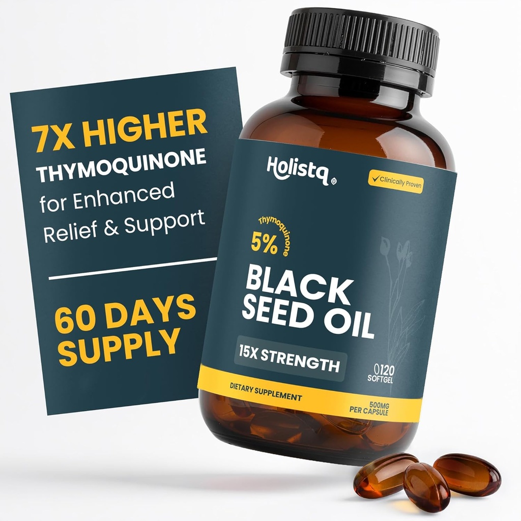 Holistiq Black Seed Oil Capsules à pression froide biologique (en anglais seulement) 5% Thymoquinone (en anglais seulement) Non-OGM et végétalien (en anglais seulement) Nigella Sativa Black Cumin Seed Oil, Omega 3 6 9 Support immunitaire pour adultes - 120 Softgels, 2 mois