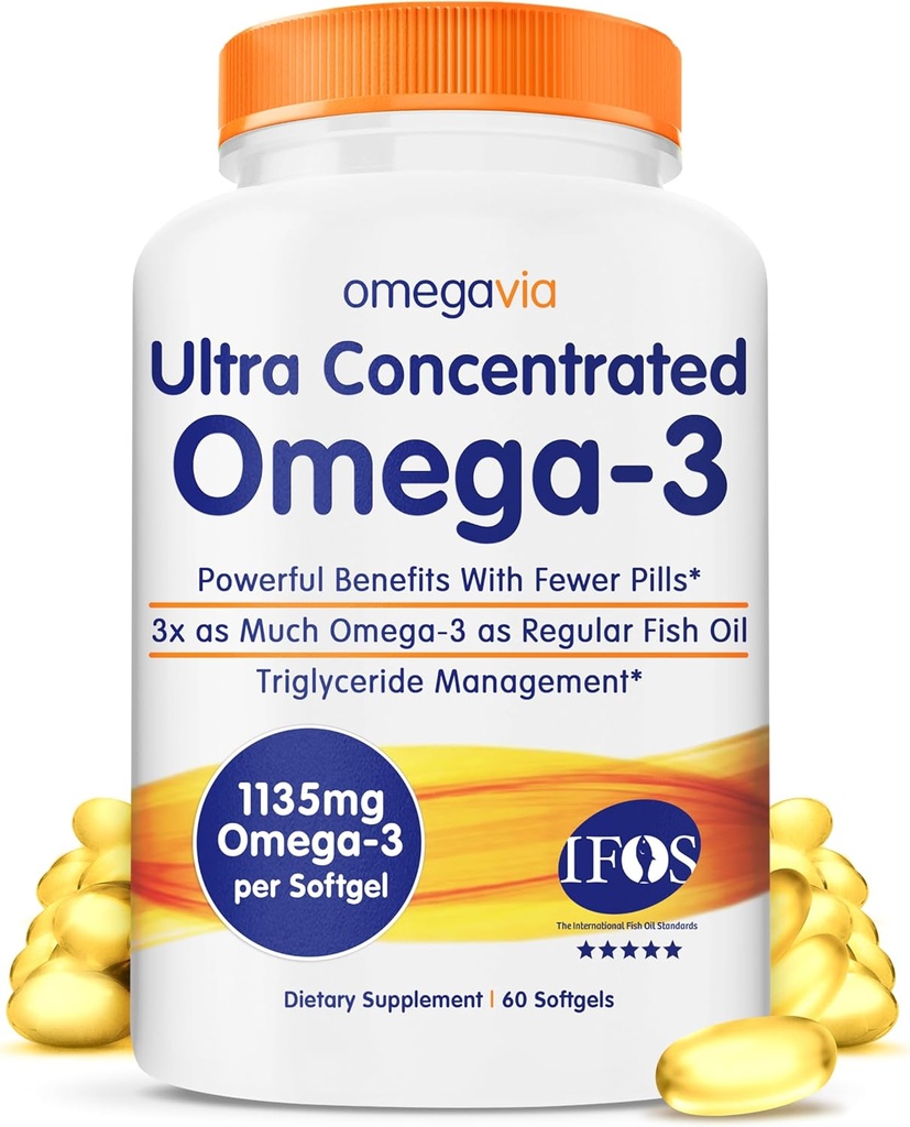 OmegaVia Ultra concentré Omega 3 Huile de poisson sans Burpless, 60 Softgels, Suppléments d'huile de poisson Omega 3 Triple Strength, 1135 mg Pure Omega3, Pas de Burps Poissonux, Haute EPA DHA DPA, IFOS 5-Star