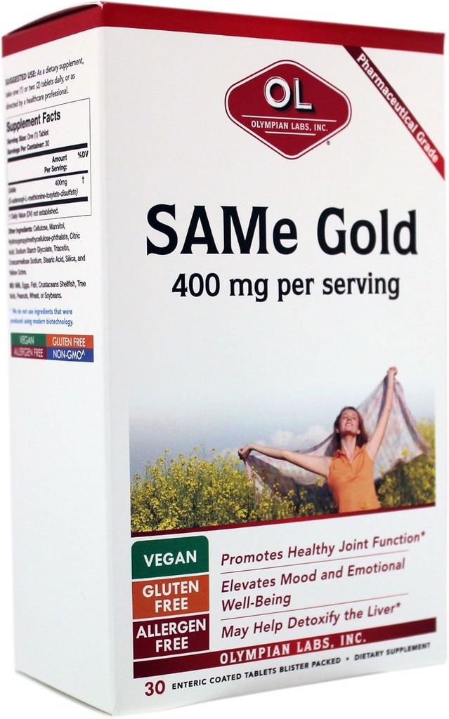 Olympian Labs Enteric Coated SAMe Gold | 400 mg per Serving | Vegan, Gluten Free, Soy Free | Mood and Joint Support - 30 Enteric Coated Tablets