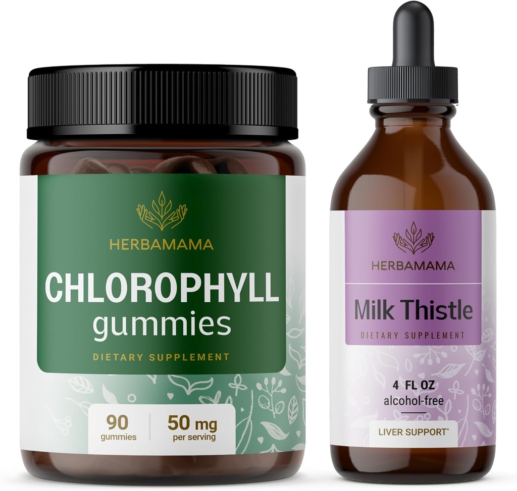 HERBAMAMA Kit Chlorophylle et chardon de lait - Ensemble de 50 mg Chlorophylle Gummies et chardon de lait Extrait Teinture 4 fl oz - Vegan, non-OGM, sans sucre et sans alcool - 2 Pack