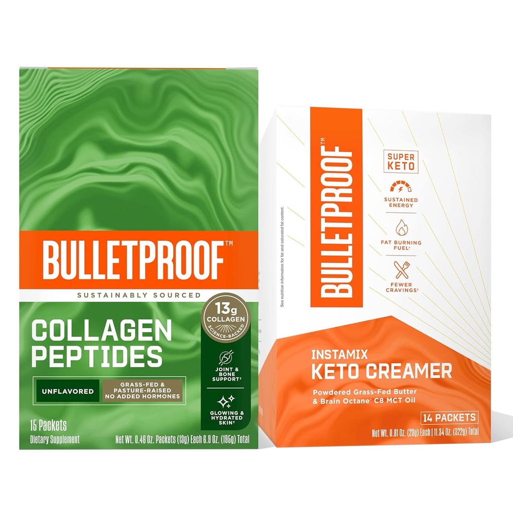 Duo de café Bulletproof - Crème à café InstaMix Keto avec Ghee gazonné et huile MCT, 14 paquets et protéines de collagène non aromatisées avec 13g de peptides de collagène gazonné pour la peau, les os et les articulations, 15 paquets