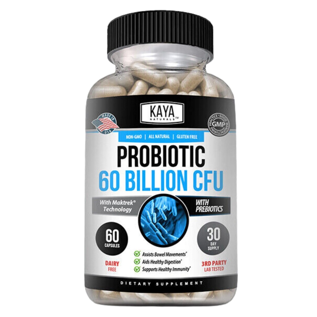Kaya Naturals Probiotique 60 milliards CFU - Probiotiques pour les femmes, probiotiques pour les hommes et les adultes, naturel - Gut Health & Immune Support Supplément - Fournit un soutien digestif - 60 capsules végétales