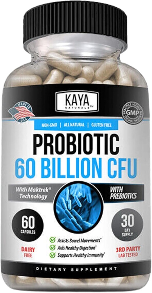 Kaya Naturals Probiotique 60 milliards CFU - Probiotiques pour les femmes, probiotiques pour les hommes et les adultes, naturel - Gut Health & Immune Support Supplément - Fournit un soutien digestif - 60 capsules végétales